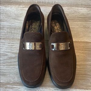 Gucci Brown Suede Loafers with Silver Hardware